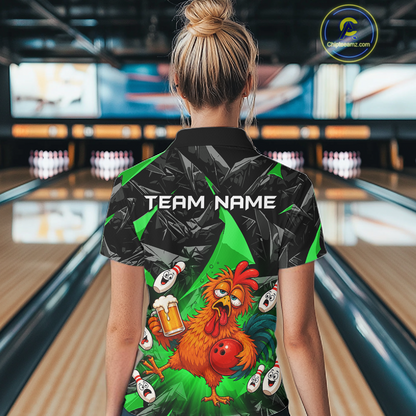 Woman wearing a black and green bowling polo featuring a wild rooster mascot holding a beer mug and red bowling ball, with custom team name text.
