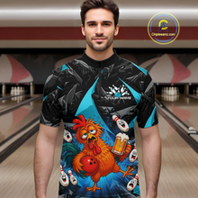 Load image into Gallery viewer, Man wearing a black and turquoise bowling quarter zip featuring a wild rooster mascot holding a beer mug and red bowling ball, with custom your name text.