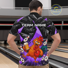 Load image into Gallery viewer, Man wearing a black and purple bowling quarter zip featuring a wild rooster mascot holding a beer mug and red bowling ball, with custom team name text.