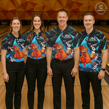 Load image into Gallery viewer, Four people wearing black and turquoise bowling quarter zip featuring a wild rooster mascot holding a beer mug and red bowling ball, with custom your name text.