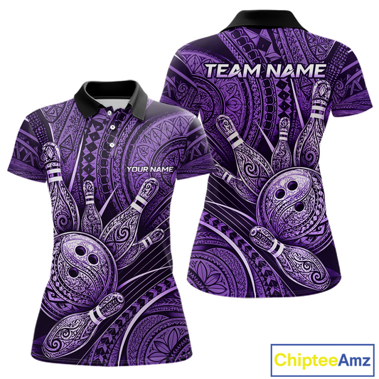 Front and back view personalized bowling polo shirt with bowling balls and pins arranged within polynesian tribal patterned artwork across a purple layout.
