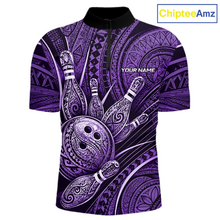 Load image into Gallery viewer, Front and back view personalized bowling quarter zip shirt with bowling balls and pins arranged within purple polynesian tribal patterned artwork across a dark layout.