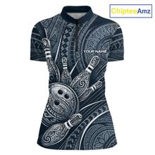 Load image into Gallery viewer, Front view personalized bowling quarter zip shirt with bowling balls and pins arranged within polynesian tribal patterned artwork across a navy blue layout.