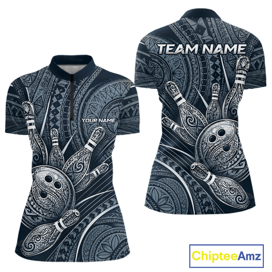 Front and back view personalized bowling quarter zip shirt with bowling balls and pins arranged within polynesian tribal patterned artwork across a navy blue layout.