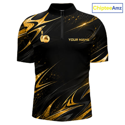 Custom Black Gold Bowling Jersey for Men Bowling Team Shirts Bowling League Polo & 1/4 Zip HNT491