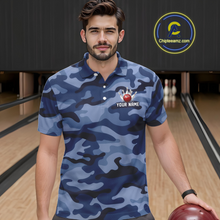 Load image into Gallery viewer, Custom Blue Camo Bowling Jersey for Men Bowling Team Shirts Bowling Uniform Polo &amp; 1/4 Zip HNT167