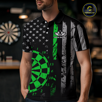Custom Green US Flag Darts Shirt for Men Darts Team Jerseys Dart Tournament Polo & 1/4 Zip NNT116