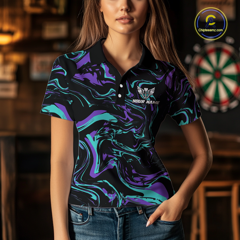 Purple-Turquoise Pattern Darts Team Jerseys Dart Shirts For Women Dart Tournament Polo & 1/4 Zip NNT119