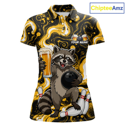 Custom Beer Raccoon Bowling Shirt for Women Bowling Polo & 1/4 Zip Bowling Team Shirts HNT311