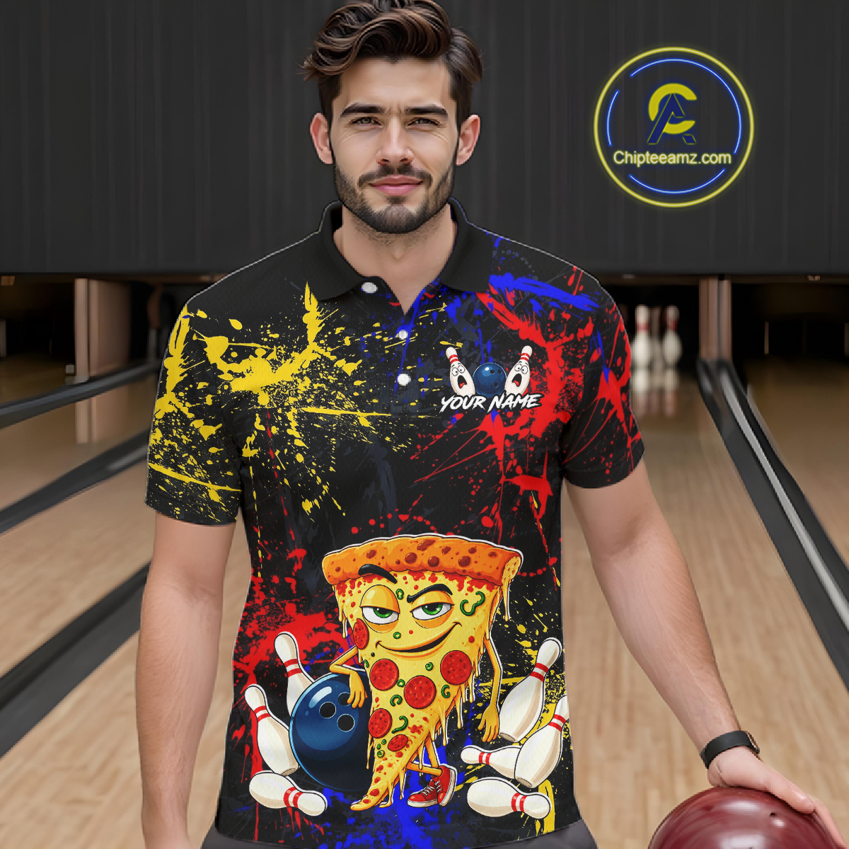 Man wearing a black bowling polo featuring colorful red, yellow, and blue paint splatter graphics, a cartoon pizza slice mascot, bowling pins, and custom your name text.
