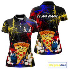 Load image into Gallery viewer, Front and back views of a black bowling polo featuring colorful red, yellow, and blue paint splatter graphics, a cartoon pizza slice mascot, bowling pins, and custom team text.
