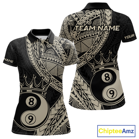 Front and back view personalized billiards polo shirt with crowned eight and nine ball artwork integrated into flowing geometric patterns on a black layout.