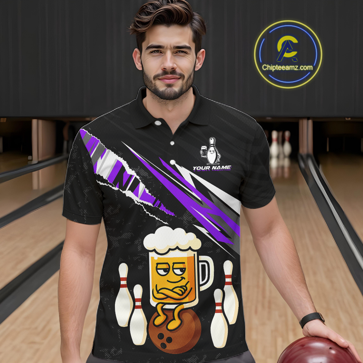 Custom Purple Funny Beer Bowling Jersey for Men Bowling Team Shirts Polo & 1/4 Zip HNT170