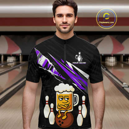 Custom Purple Funny Beer Bowling Jersey for Men Bowling Team Shirts Polo & 1/4 Zip HNT170