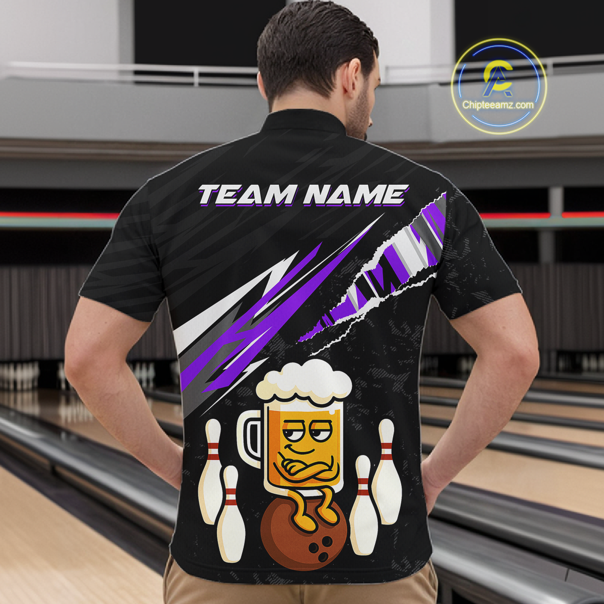 Custom Purple Funny Beer Bowling Jersey for Men Bowling Team Shirts Polo & 1/4 Zip HNT170