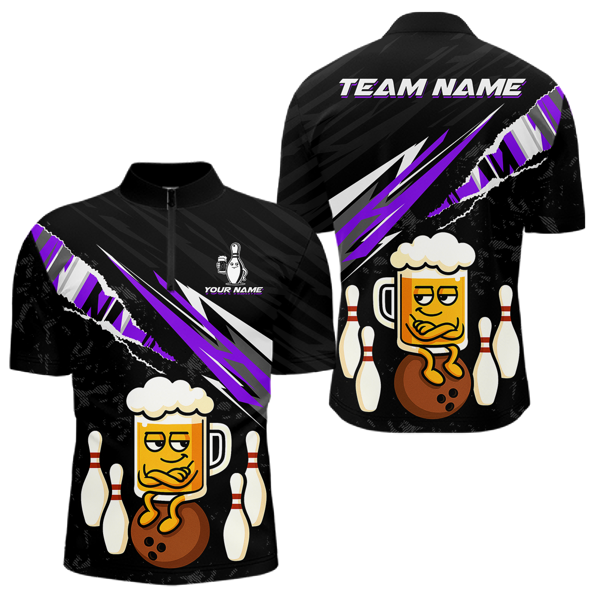 Custom Purple Funny Beer Bowling Jersey for Men Bowling Team Shirts Polo & 1/4 Zip HNT170
