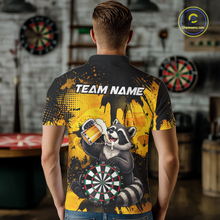 Load image into Gallery viewer, Person wearing a black and yellow darts quarter zip featuring a raccoon drinking beer, dartboard graphics, and custom team and player name text.