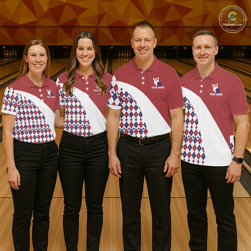 Custom Red White Argyle Pattern Bowling Jersey for Women Bowling Team Shirts Polo & 1/4 Zip HNT499