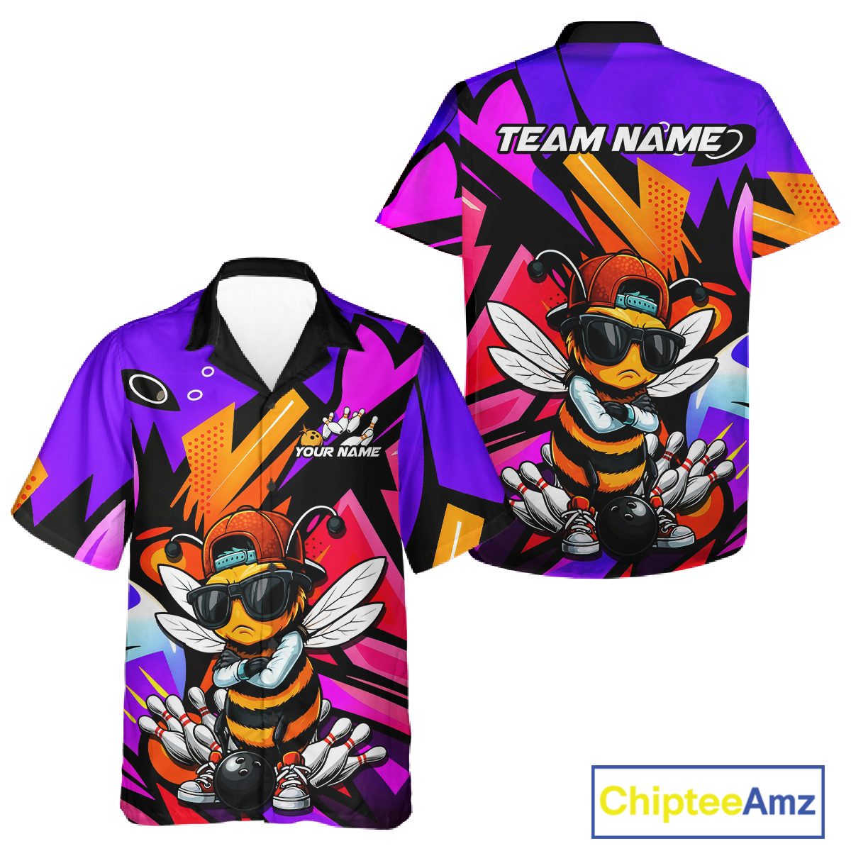 Custom Funny Bee Graffiti Pattern Bowling Hawaiian Jersey for Women Bowling Team Shirts HNT174