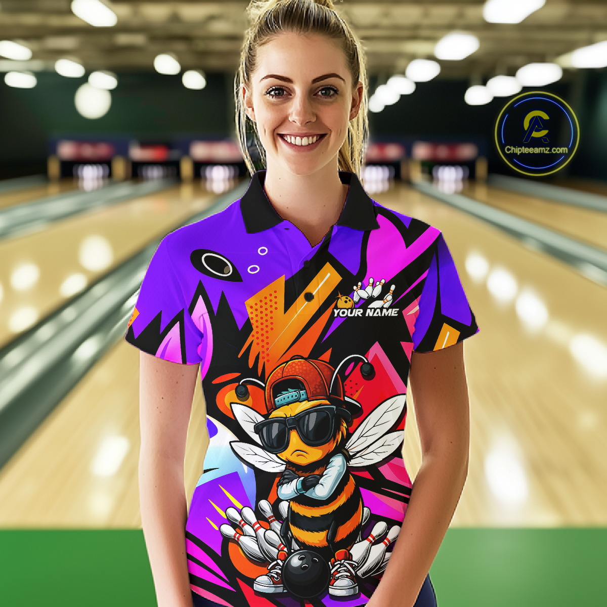 Custom Funny Bee Graffiti Pattern Bowling Jersey for Women Bowling Team Shirts Polo & 1/4 Zip HNT174