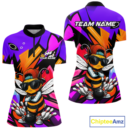 Custom Funny Bee Graffiti Pattern Bowling Jersey for Women Bowling Team Shirts Polo & 1/4 Zip HNT174