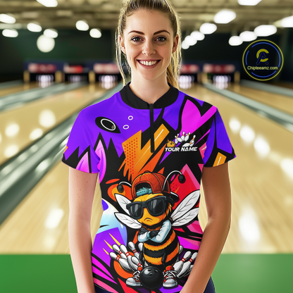 Custom Funny Bee Graffiti Pattern Bowling Jersey for Women Bowling Team Shirts Polo & 1/4 Zip HNT174