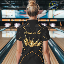 Load image into Gallery viewer, Custom Black and Gold Bowling Jersey for Women Bowling Team Shirts Bowling League Polo &amp; 1/4 Zip HNT175