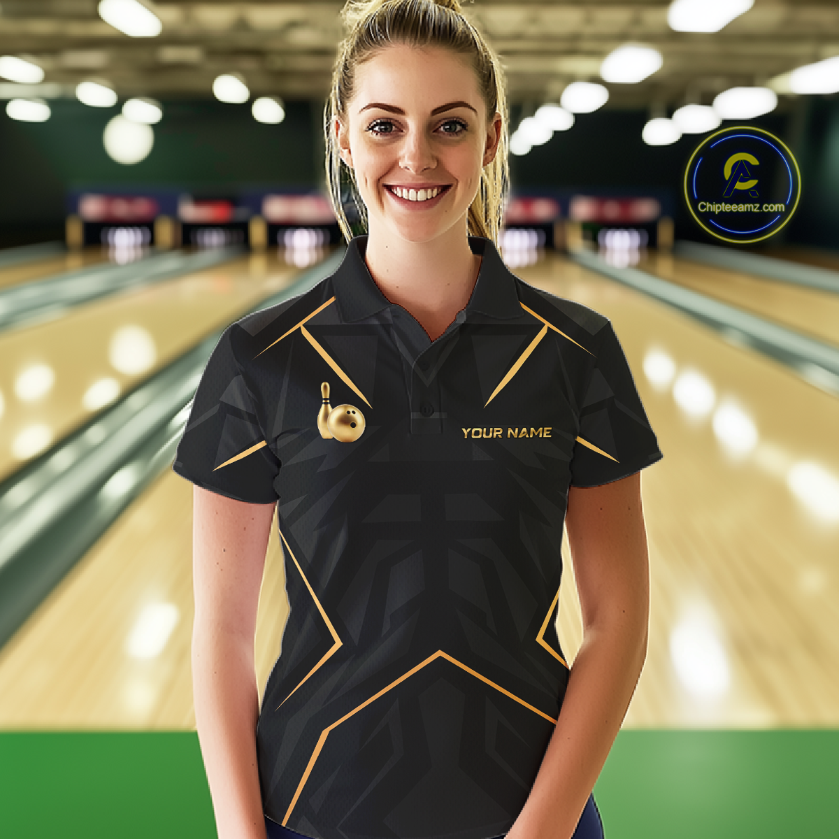 Custom Black and Gold Bowling Jersey for Women Bowling Team Shirts Bowling League Polo & 1/4 Zip HNT175