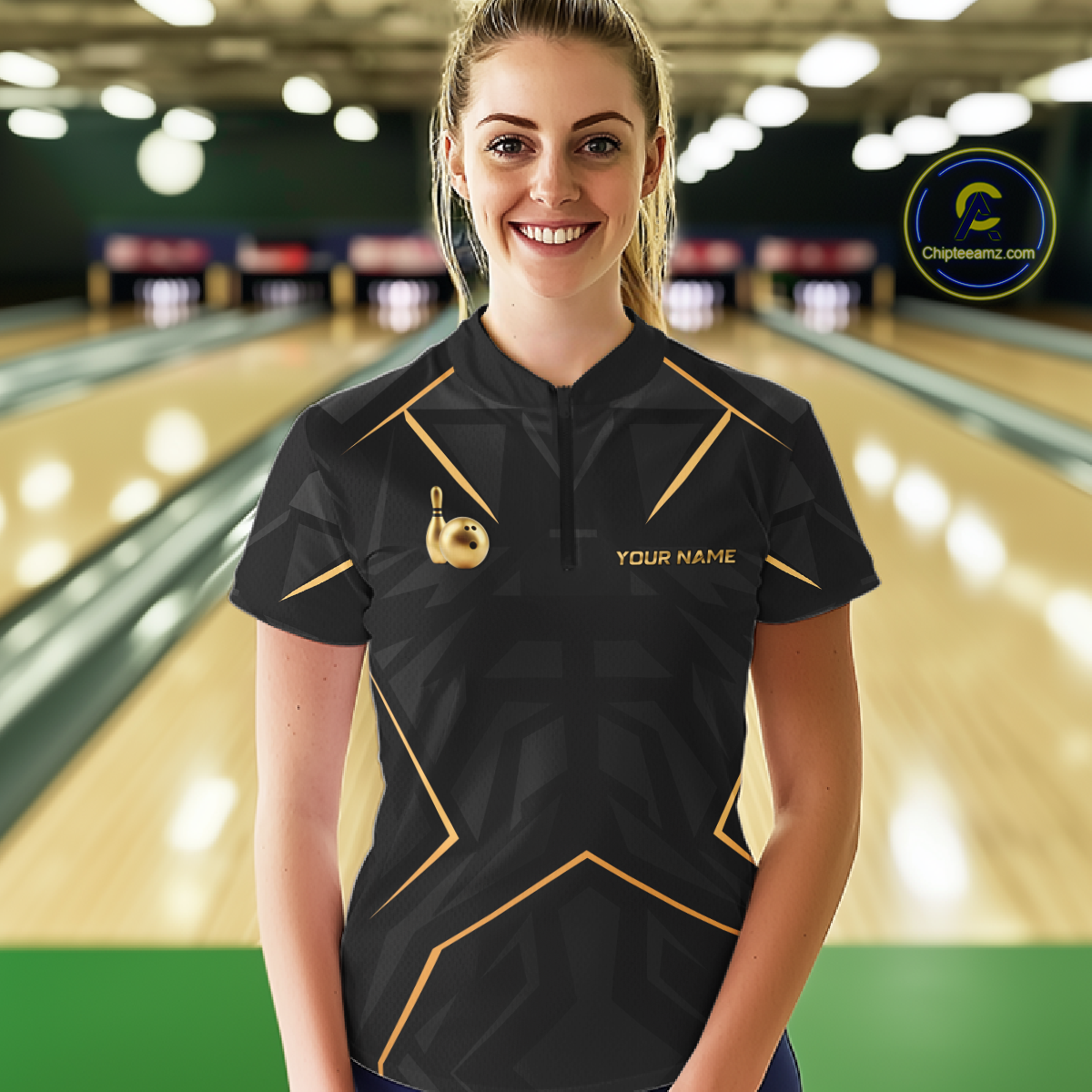 Custom Black and Gold Bowling Jersey for Women Bowling Team Shirts Bowling League Polo & 1/4 Zip HNT175