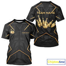 Load image into Gallery viewer, Black and gold bowling-themed shirt with customizable text on a white background