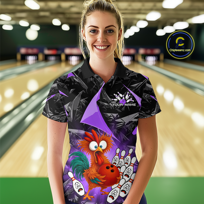 Custom Purple Funny Chicken Bowling Jersey for Women Bowling Team Shirts Polo & 1/4 Zip HNT138