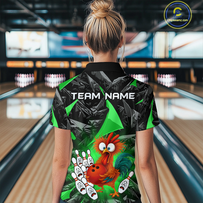 Custom Green Funny Chicken Bowling Jersey for Women Bowling Team Shirts Polo & 1/4 Zip HNT138