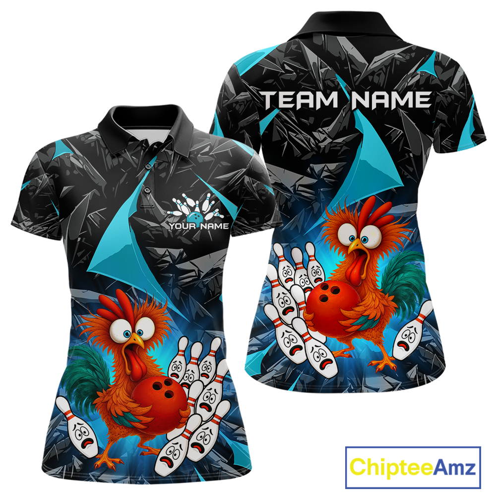 Custom Turquoise Funny Chicken Bowling Jersey for Women Bowling Team Shirts Polo & 1/4 Zip HNT138