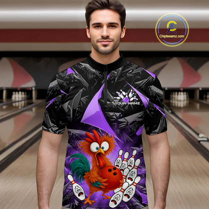 Custom Purple Funny Chicken Bowling Jersey for Men Bowling Team Shirts  Polo & 1/4 Zip HNT138