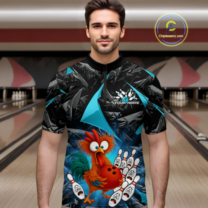 Custom Turquoise Funny Chicken Bowling Jersey for Men Bowling Team Shirts  Polo & 1/4 Zip HNT138