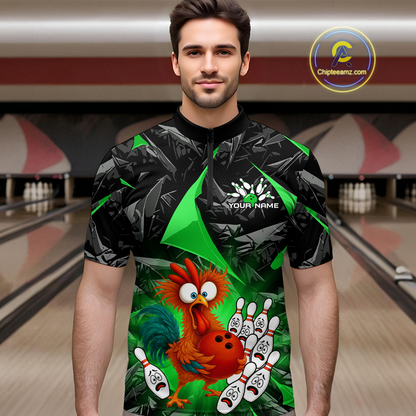 Custom Green Funny Chicken Bowling Jersey for Men Bowling Team Shirts  Polo & 1/4 Zip HNT138