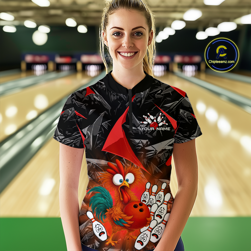 Custom Red Funny Chicken Bowling Jersey for Women Bowling Team Shirts Polo & 1/4 Zip HNT138