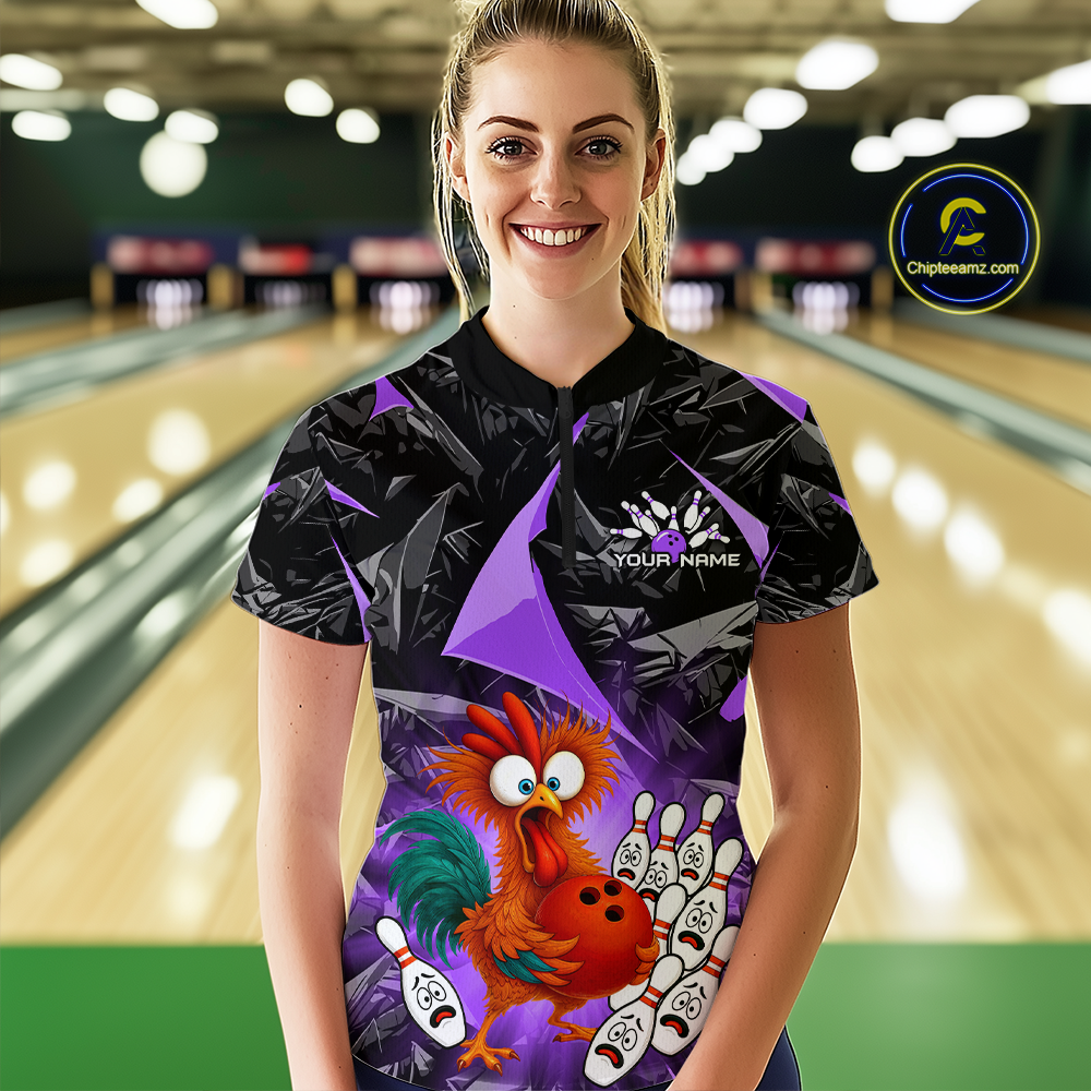 Custom Purple Funny Chicken Bowling Jersey for Women Bowling Team Shirts Polo & 1/4 Zip HNT138