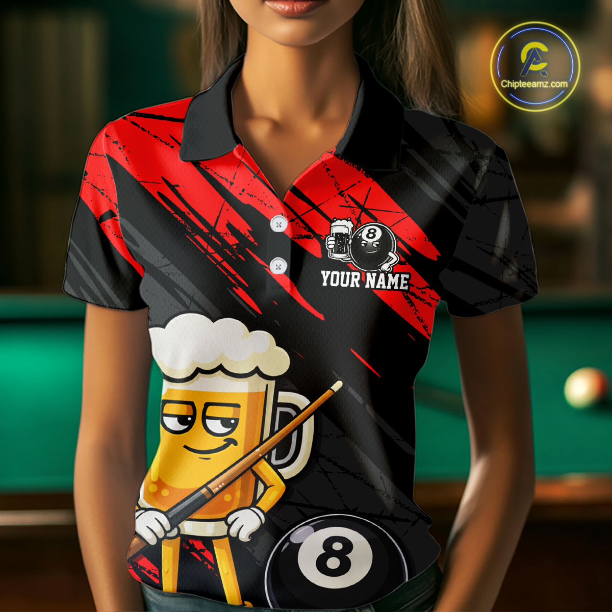 Custom Funny Red Beer 8 Ball Pool Women Billiard Polo & 1/4 Zip, Billiard Shirt, Billiard Team Jerseys NNT146