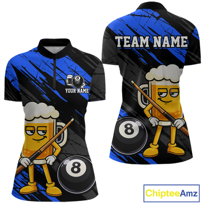 Custom Funny Blue Beer 8 Ball Pool Women Billiard Polo & 1/4 Zip, Billiard Shirt, Billiard Team Jerseys NNT146