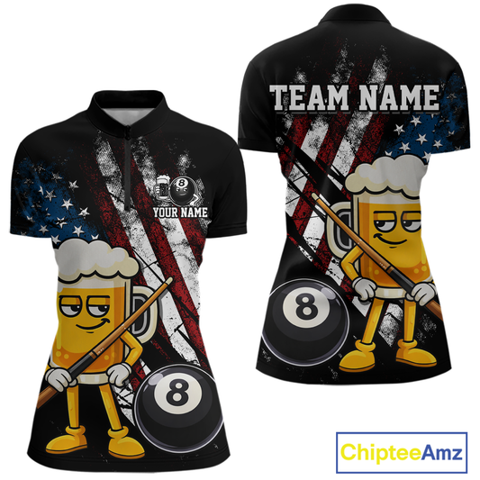 Custom Funny US Flag Beer 8 Ball Pool Women Billiard Polo & 1/4 Zip, Billiard Shirt, Billiard Team Jerseys NNT146