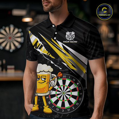 Custom Yellow Funny Beer Dart Shirts for Men Darts Team Jerseys Dart Tournament Polo & 1/4 Zip NNT139
