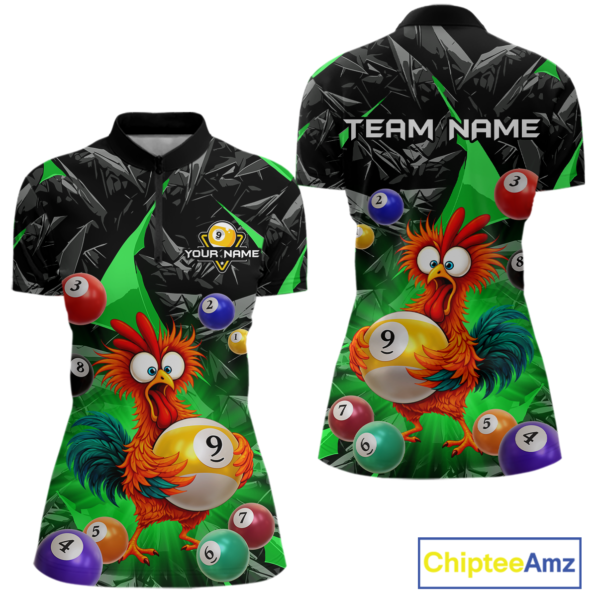 Custom Funny Green Chicken 9 Ball Pool Billiard Shirt for Women Polo & 1/4 Zip, Billiard Team Jerseys NNT157
