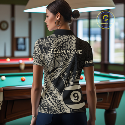 Custom Black and Gold Tribal 9 Ball Pool Billiard Shirt for Women Billiard League  Polo & 1/4 Zip NNT155