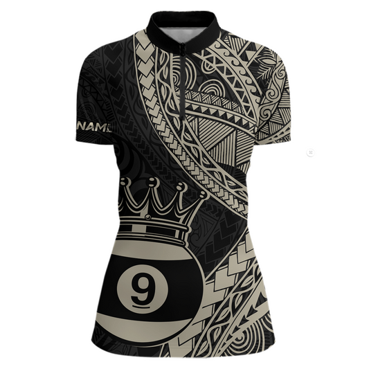 Custom Black and Gold Tribal 9 Ball Pool Billiard Shirt for Women Billiard League  Polo & 1/4 Zip NNT155