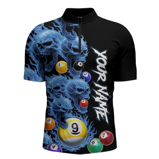 Custom Blue Flame Skull 9 Ball Pool Billiard Shirt for Men Polo & 1/4 Zip, Billiard Team Jerseys NNT159