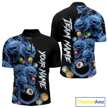 Custom Blue Flame Skull 8 Ball Pool Billiard Shirt for Men Polo & 1/4 Zip, Billiard Team Jerseys NNT160