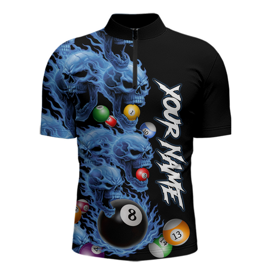 Custom Blue Flame Skull 8 Ball Pool Billiard Shirt for Men Polo & 1/4 Zip, Billiard Team Jerseys NNT160