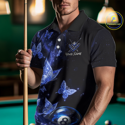 Custom Blue Butterfly Galaxy 8 Ball Billiard Shirt for Men Billiard Team Jersey Billiard League NNT192