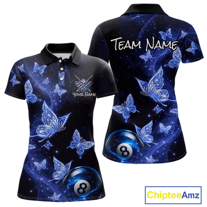 Custom Blue Butterfly Galaxy 8 Ball Billiard Shirt for Women Billiard Team Jersey Billiard League NNT192